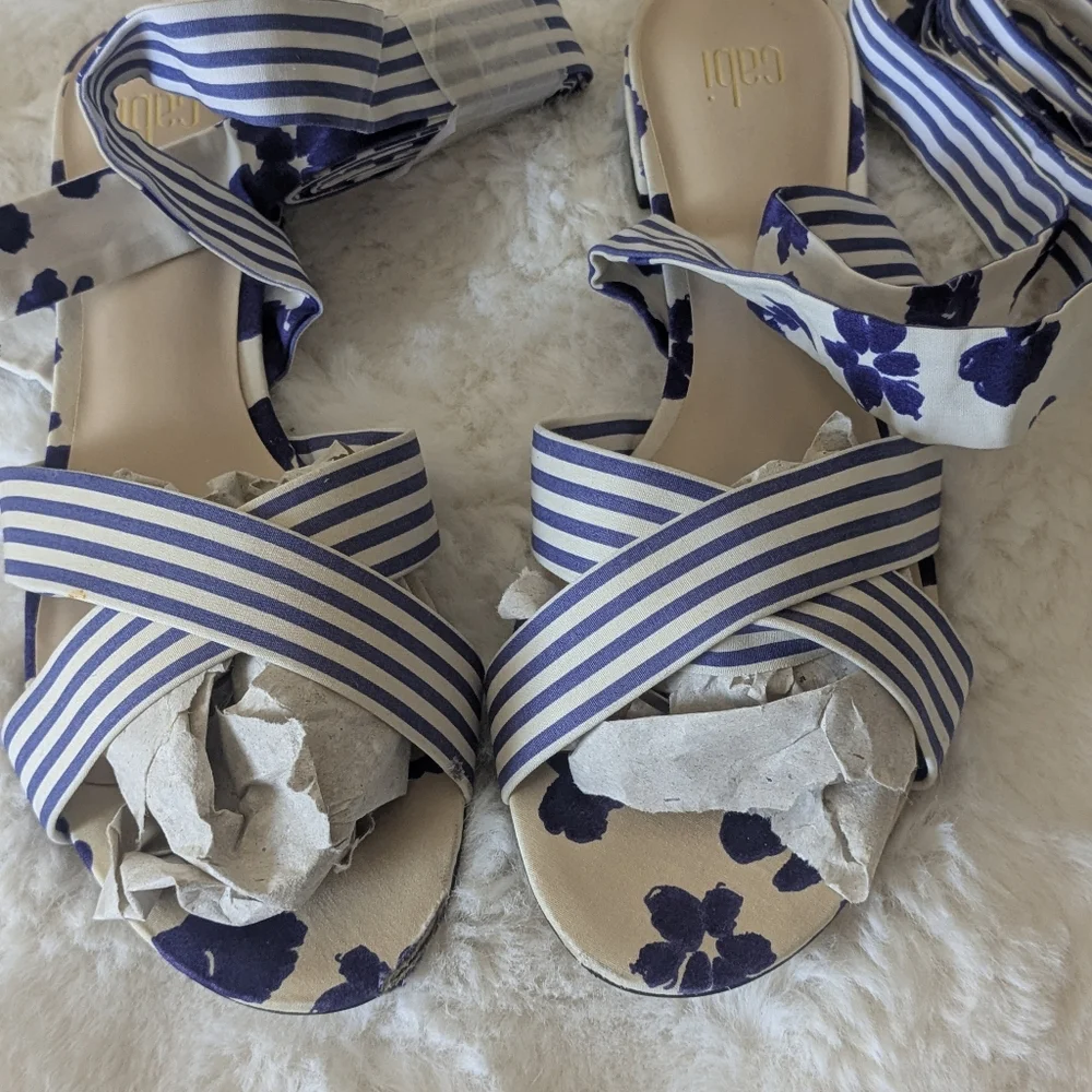 Cabi Blue White Stripe Floral Lace Up Wrap Flat Sandals Women Summer Resort 10